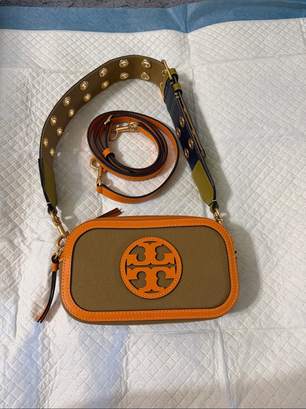Tory Burch Orange Trim Brown Canvas Crossbody with Logo